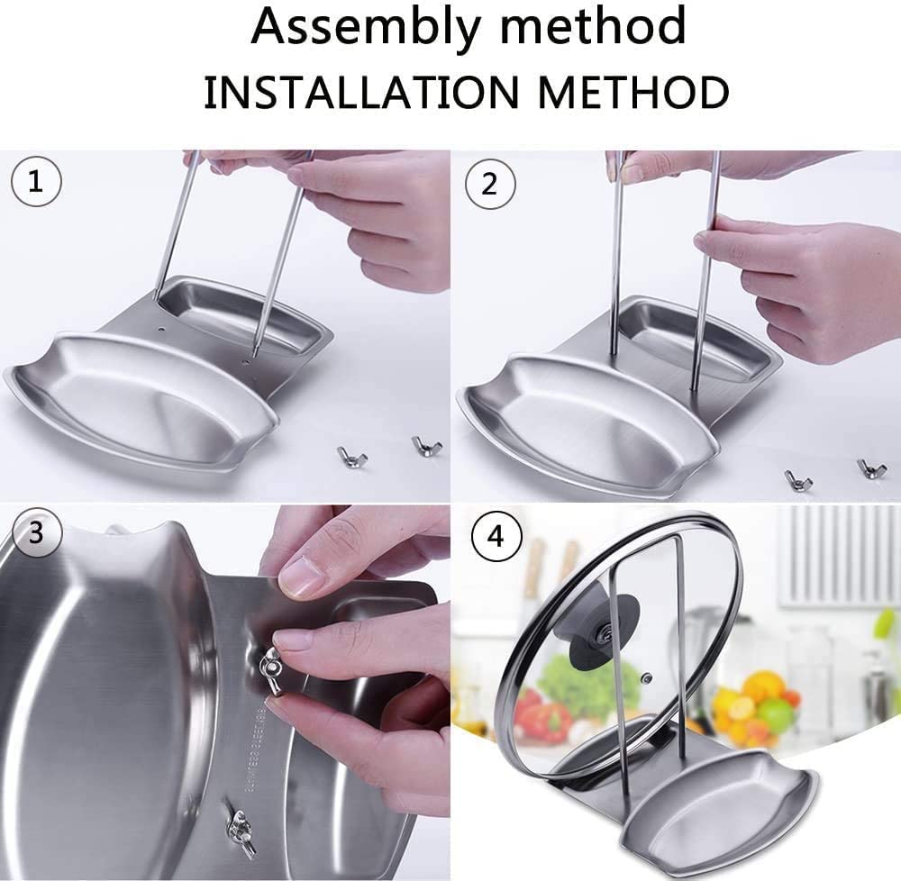 BluBasket Stainless Steel Lid and Spoon Rest - Heavy Duty Pot Cover Rack and Utensil Holder for Kitchen Countertop - Rustproof Stove Organizer for Ladles, Spatulas, and Pan Lids 4