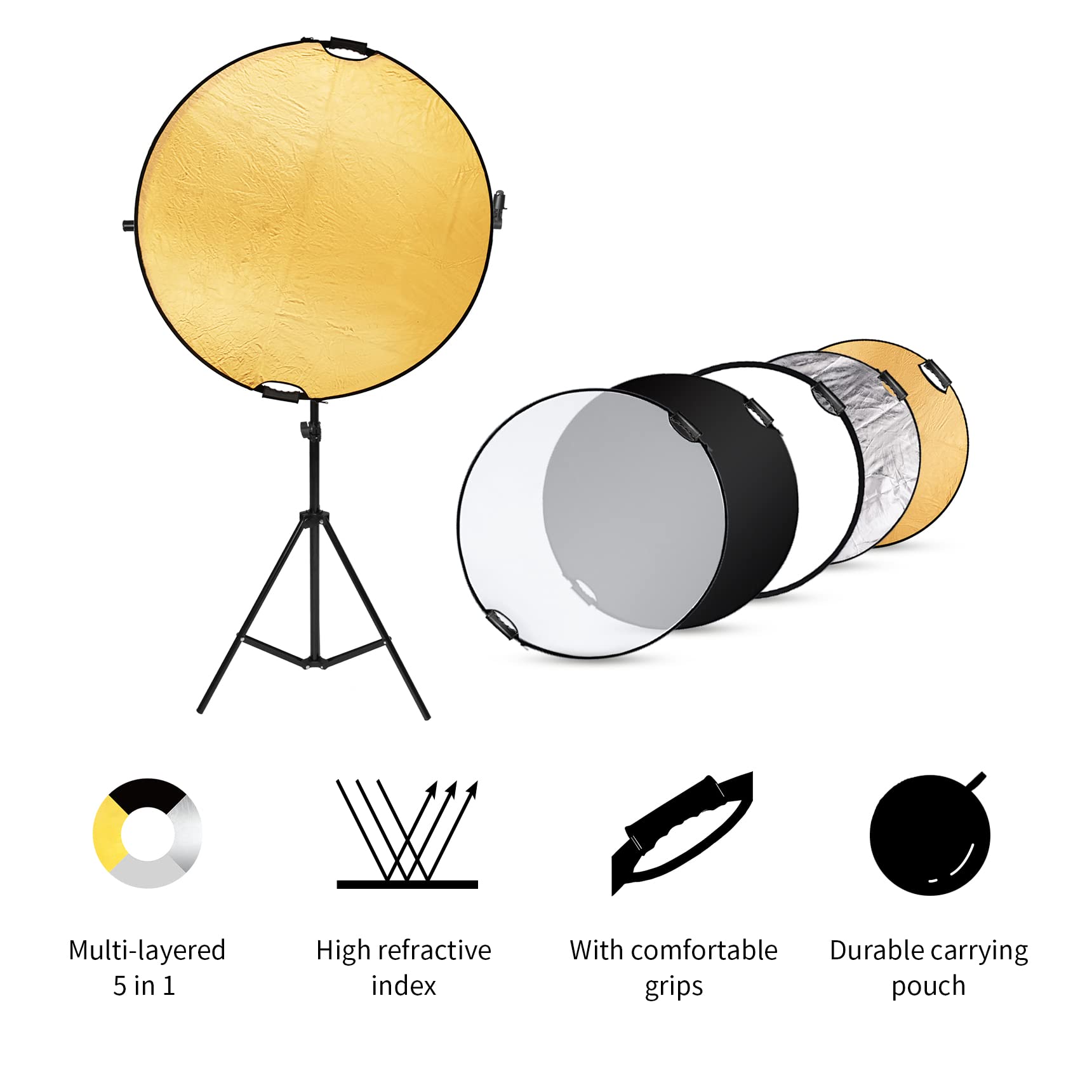 Selens 5 in 1 Fotografie Runder Reflektor 110CM mit Lichtstativ 200CM Kit für Fotostudio Portrait Fotografie, Runder Reflektor Diffusor Gold/Silber/Weiß/Schwarz/Transparent