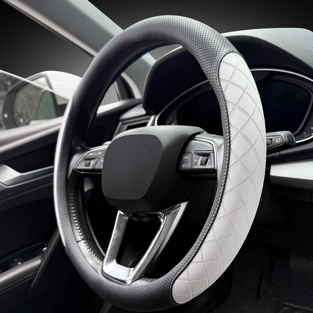 Photo 1 of LKWLIKEI Nappa Leather Steering Wheel Cover - Black White