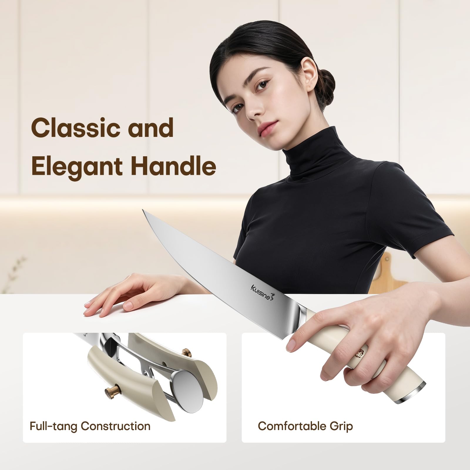 KUISINE Upgraded Sharp Chef Knife Set,High Carbon Stainless Steel Ergonomic Rivet Handle,Knife Block Set with Built-in Sharpener(Acacia Ivory Pro,15PCS) — Amazon image 6