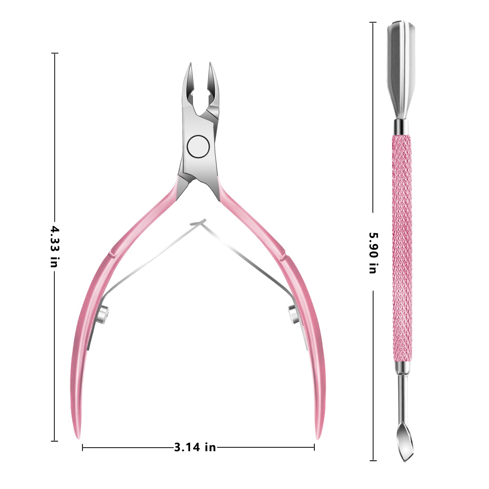 Nagelhautschneider mit Nagelhautschieber und Schere, Nagelhautentferner, professionelle langlebige Pediküre-Maniküre-Werkzeuge, Edelstahl Nagelhautzange Cutter Clipper (rosa Drücker)