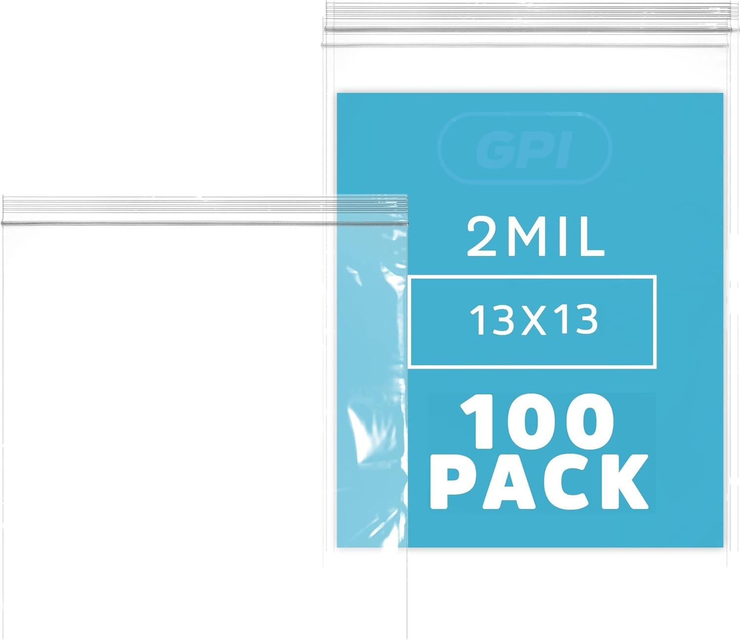 GPI - 13" x 13" Zip Bags, Clear Plastic Reclosable Zipper Baggies with Resealable Zip Top Lock for Scrapbooks, Food Storage, Clothing, Craft & Office Supplies & Toys. 2 Mil Thick. 100 Count