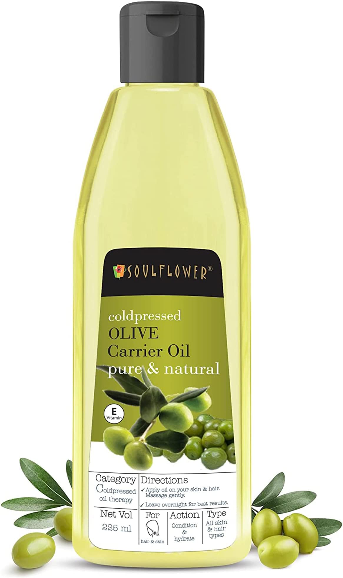 Soulflower Olive Hair Oil, Hair Growth, Skin, Face Massage, Nourishment & Moisturization, Fine Lines & Wrinkles, Strengthen Hair Roots, 100% Pure, Natural & Cold-Pressed, Olive Fruit, Vitamin E, 225ml