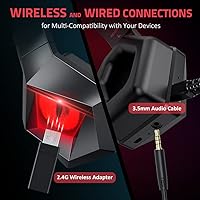 Vista 2 de BENGOO Auriculares inalámbricos para juegos 24G para PS5 PS4 PC con micrófono desmontable con cancelación de ruido luz LED roja orejeras de memoria