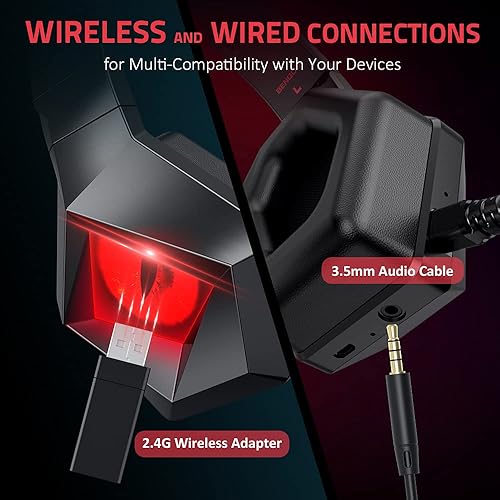 Miniatura 2 de BENGOO Auriculares inalámbricos para juegos 24G para PS5 PS4 PC con micrófono desmontable con cancelación de ruido luz LED roja orejeras de memoria