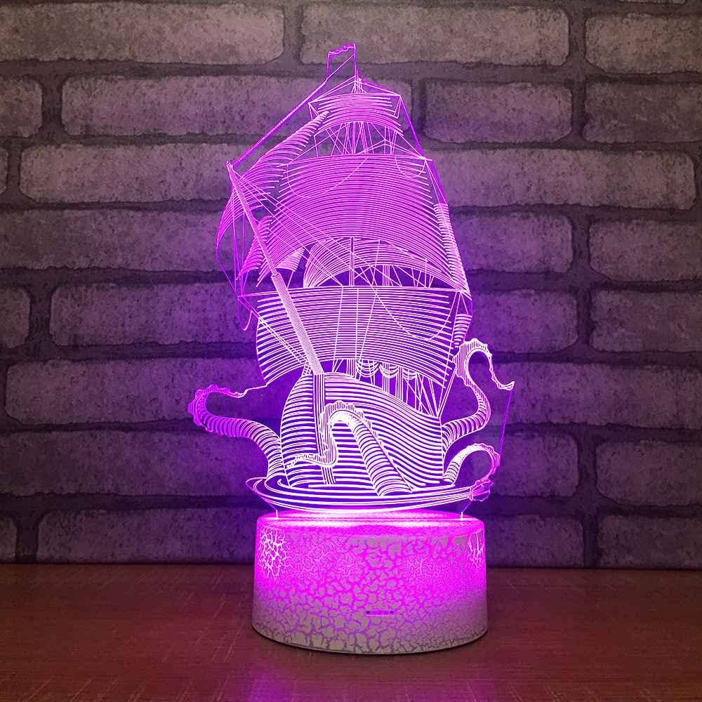 SWTZEQ 3D Luce notturna per bambini Forma della barca a vela Led Illusion Lampada 16 Colori Controllo Tattile con telecomando, per uomini ragazzi Decorazione Da Comodino lampada