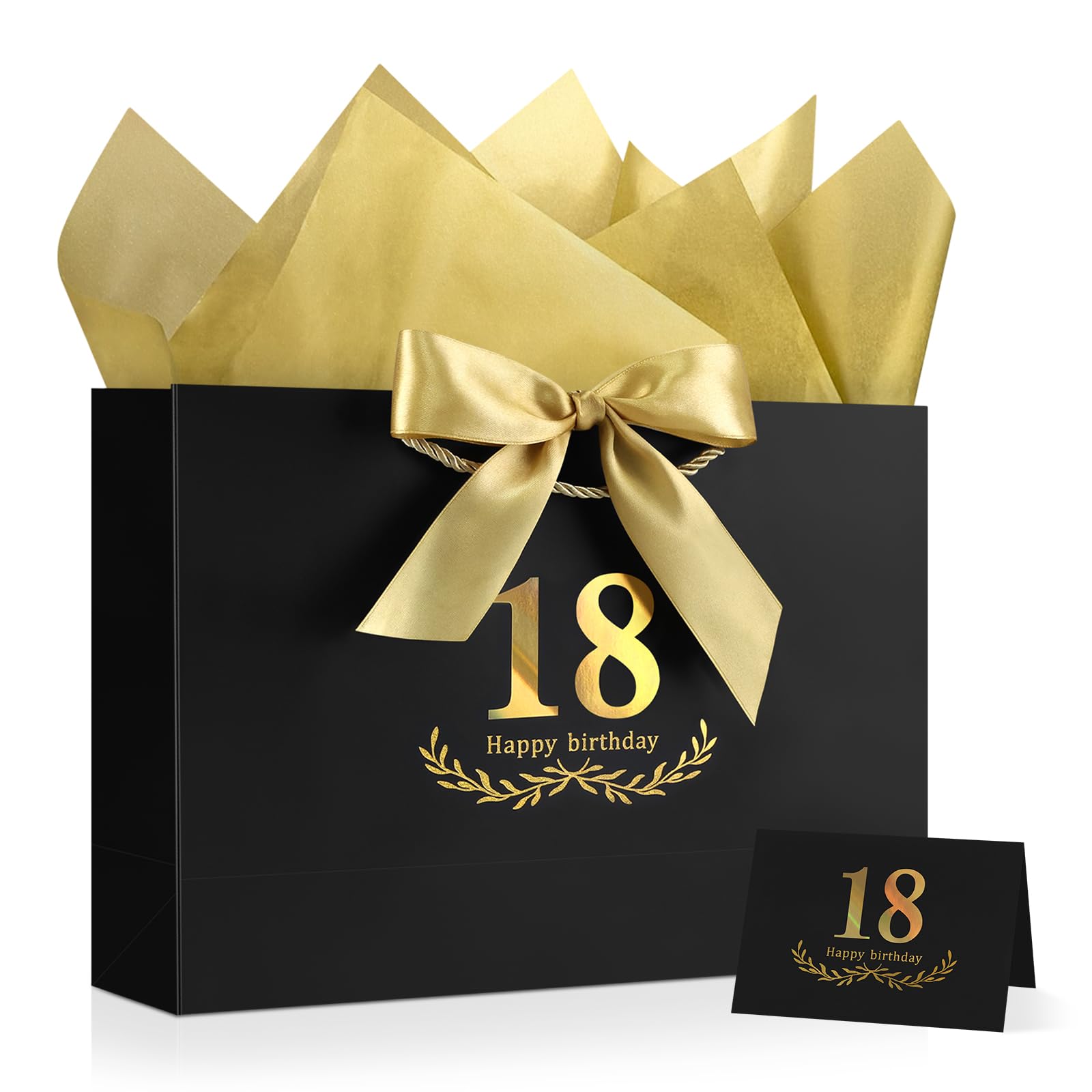 JMANNI 18th Birthday Gift Bag – 32 x 22 x 11 cm, Happy 18 Medium Birthday Present Bag for Men Women, Includes 1 Greeting Card & 2 Tissue Papers, 18th Birthday Gifts for Boys Girls Party Anniversary