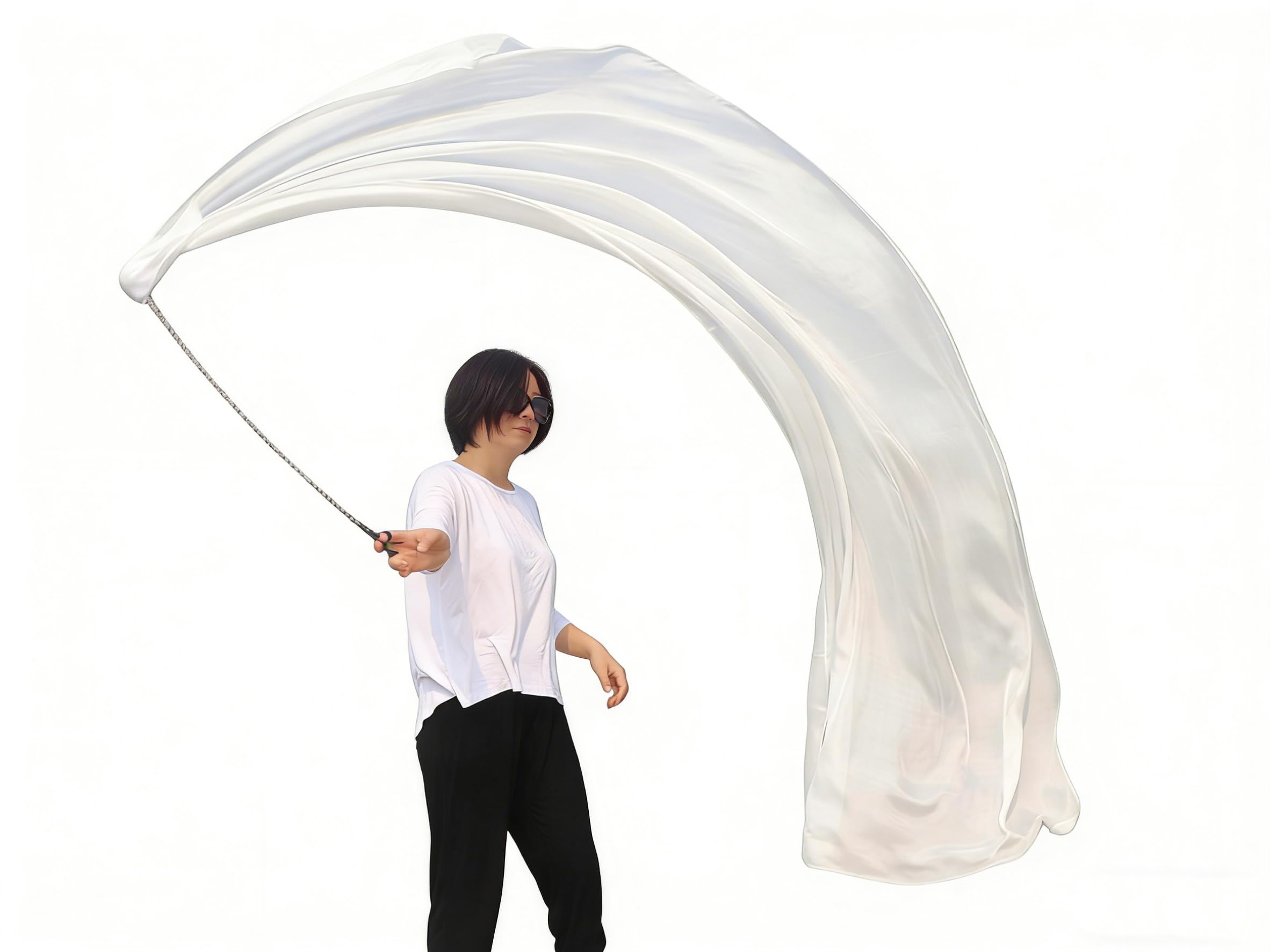 Winged Sirenny Velo de Seda POI 230cm - Danza del Vientre, Arte Flujo y Espectáculos | Colores Vibrantes para Festivales y Baile Tribal (Blanco)