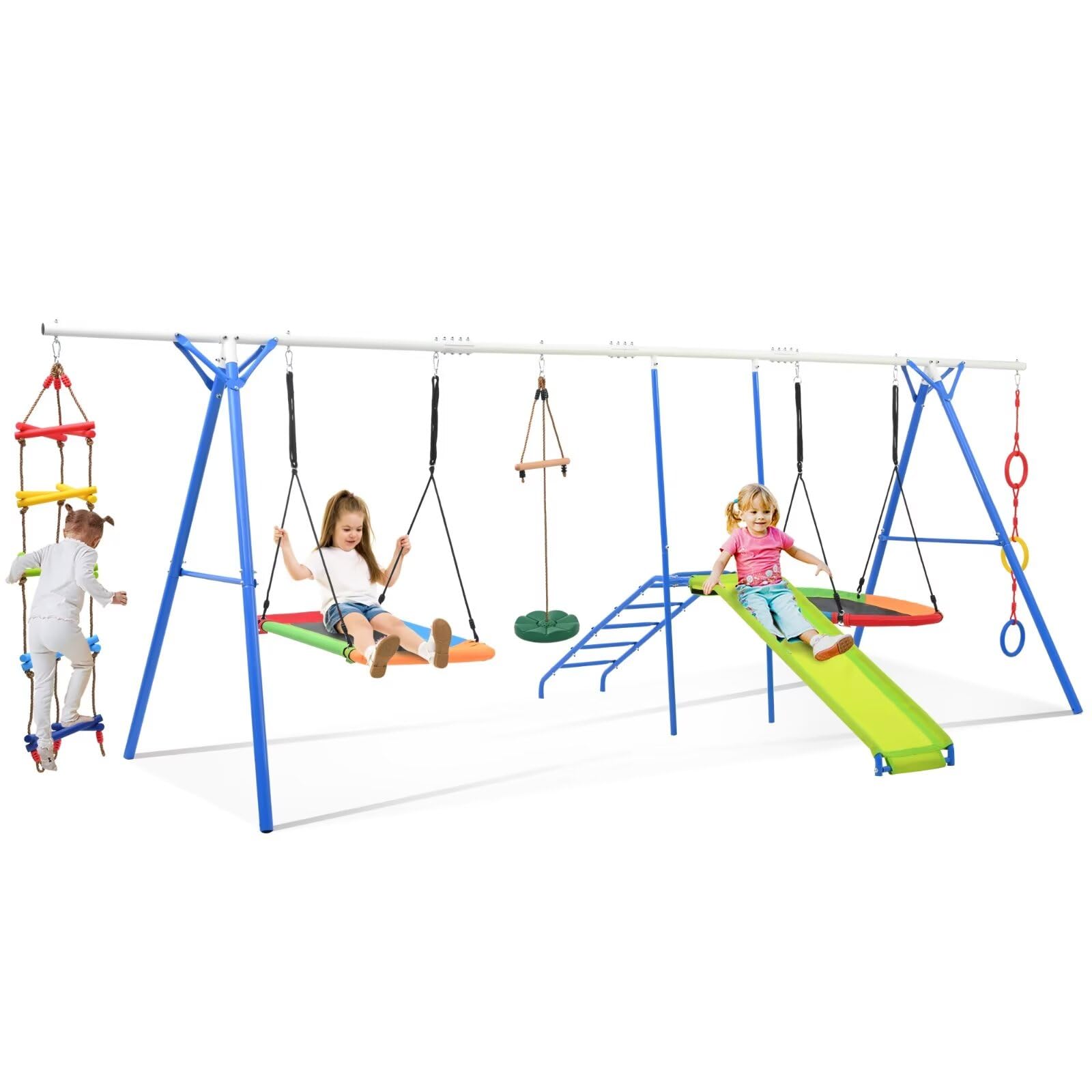 Merax Swing Sets for Backyard, 6 in 1 Swing Sets, 1500lbs Heavy-Duty Metal Swing Sets for Backyard with Climbing Rope ladder, Disc Swing, Monkey Bar Swing, Slide and Climbing, Saucer Swing, Swing Ring