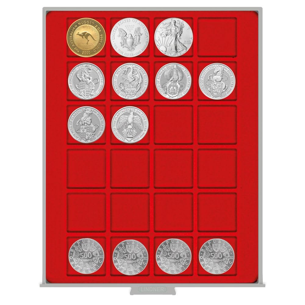 LINDNER Das Original Cofanetto Per Monete RAUCHGLAS - 24 Scomparti Per Capsule Fino A 42 Mm - Made In Germany - 5