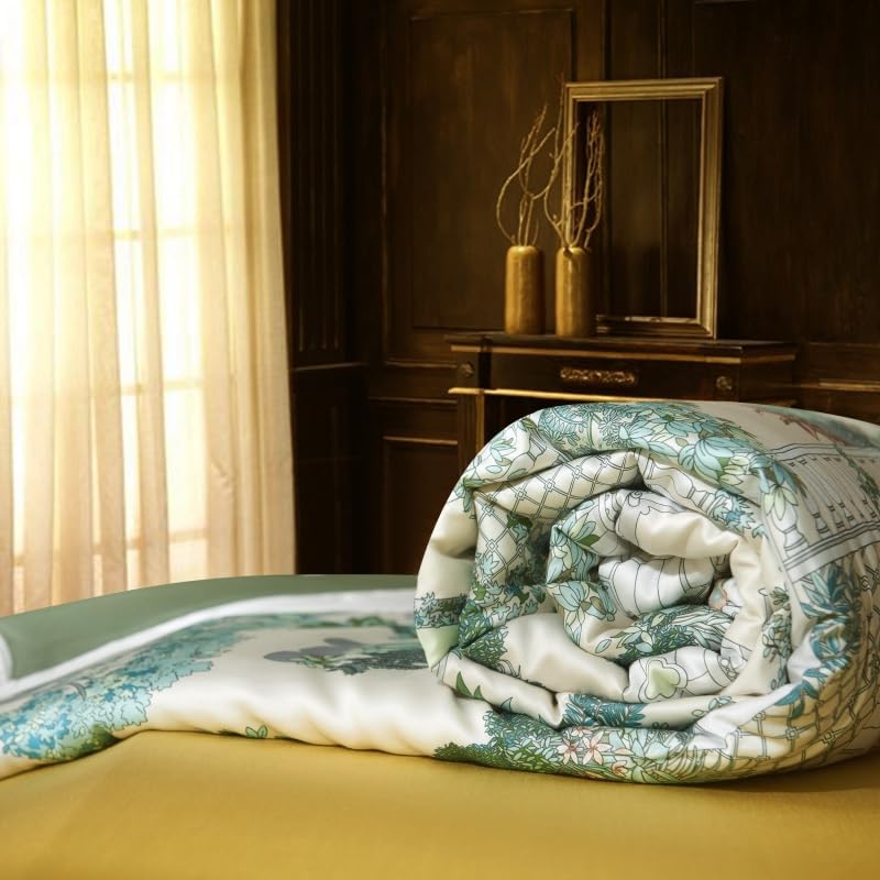 Lyocell Tencel Thin Quilt Summer Air Condition Blanket Silky Soft Bedding Car Sofa Bedroom European Classical Architecture Castle Landscape Lightweight Comforter (Green, Queen)