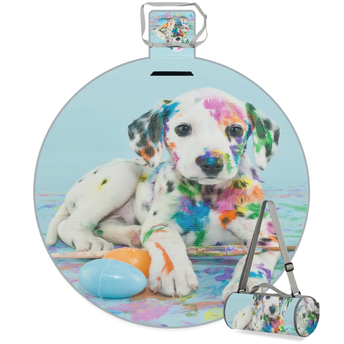 Shimoshe Watercolor Dog Picnic Outdoor Blanket Foldable Waterproof Sandproof Beach Blanket Portable Water-Resistant Round Picnic Mat for Travel Camping Park Lawn