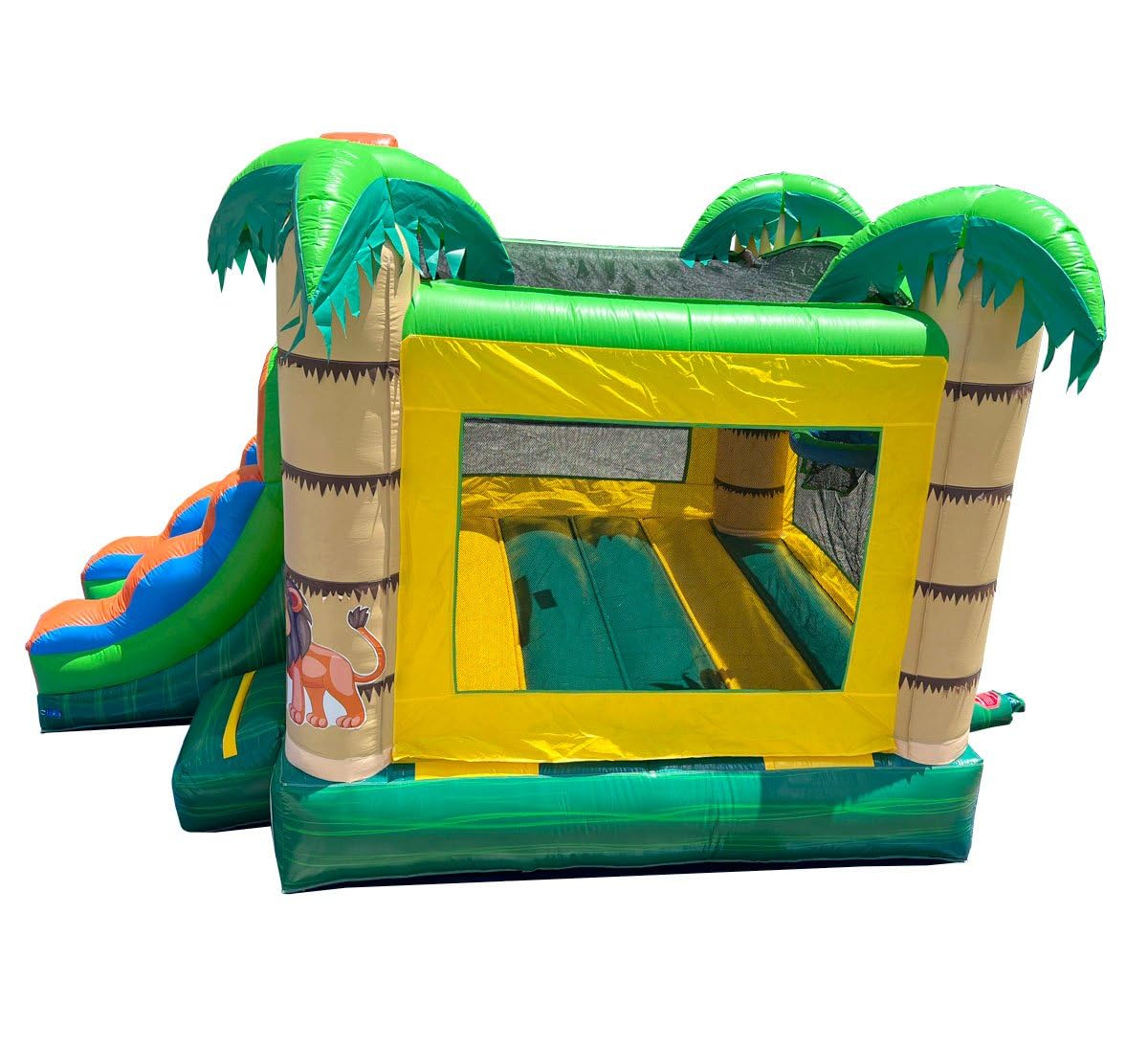 Inflatable Bounce House with Slide for Kids 12 x 12 x 18 Foot - Backyard Tropical Jungle Castle Smiley Face Combo Bouncer, Outdoor Toys, Jumpers for Kids - Includes: Blower, Stakes, and Storage Bag