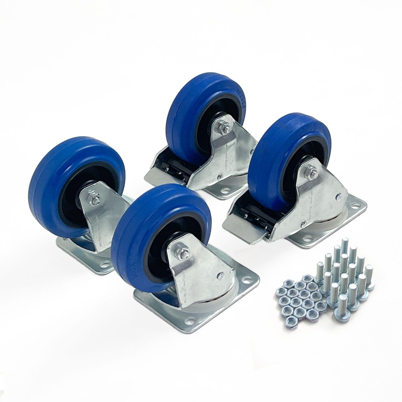 PENN ELCOM 4 Blue Swivel Automatic Caster Kit with Fasteners | 2 Swivel Automatic Casters with Rubber Wheel & 2 Swivel Braked Automatic Casters