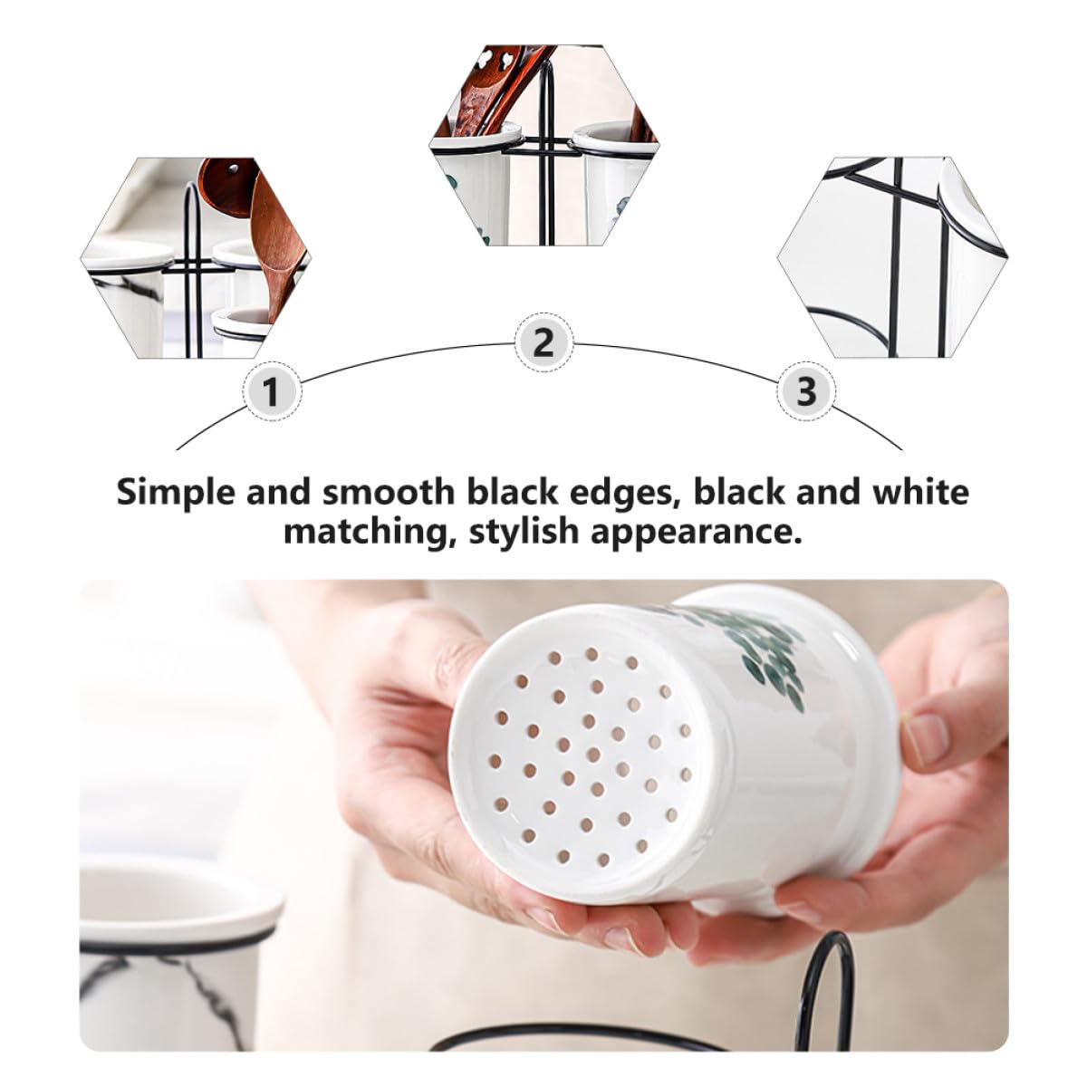 Support à Baguettes en Céramique et Fer Blanc Égouttoir Intégré, Rangement Pratique pour Ustensiles Cuisine, Design Simple et Élégant pour Maison