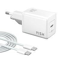YISH 25W Caricatore USB C Caricabatterie： 3A USB C Presa Carica Alimentatore con 60W Cavo USB Type-C 1M Spina Ricarica Adattatore Tipo C Compatibile con iPhone 17, 16, 15 , Samsung Galaxy S25, S24
