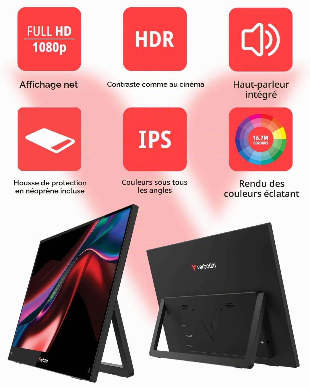 Verbatim Moniteur Portable, écran Mobile Full HD 15,6", Moniteur Portable en Plastique pour Ordinateur Portable, Tablette, Smartphone, PS5 ou Nintendo Switch avec Ports USB-A, USB-C et HDMI, Noir