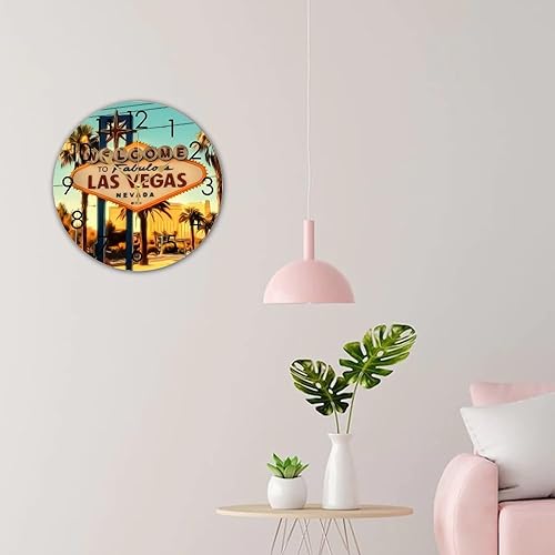 Miniatura 5 de WengBeauty Reloj de pared redondo de madera Las Vegas, reloj de pared con vista de la ciudad, silencioso y sin tictac, decoración de casa de campo,