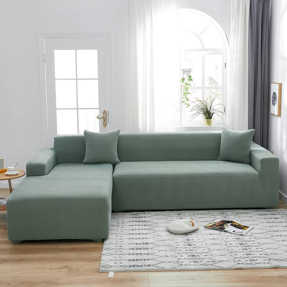 Sofabezug l Form, Sofaschoner für Wohnzimmer, Bequemer Stoff, rutschfest, pillingfrei, maschinenwaschbar, Passend für die meisten modularen Sofas,Matcha Green,2 Seater 145-190cm