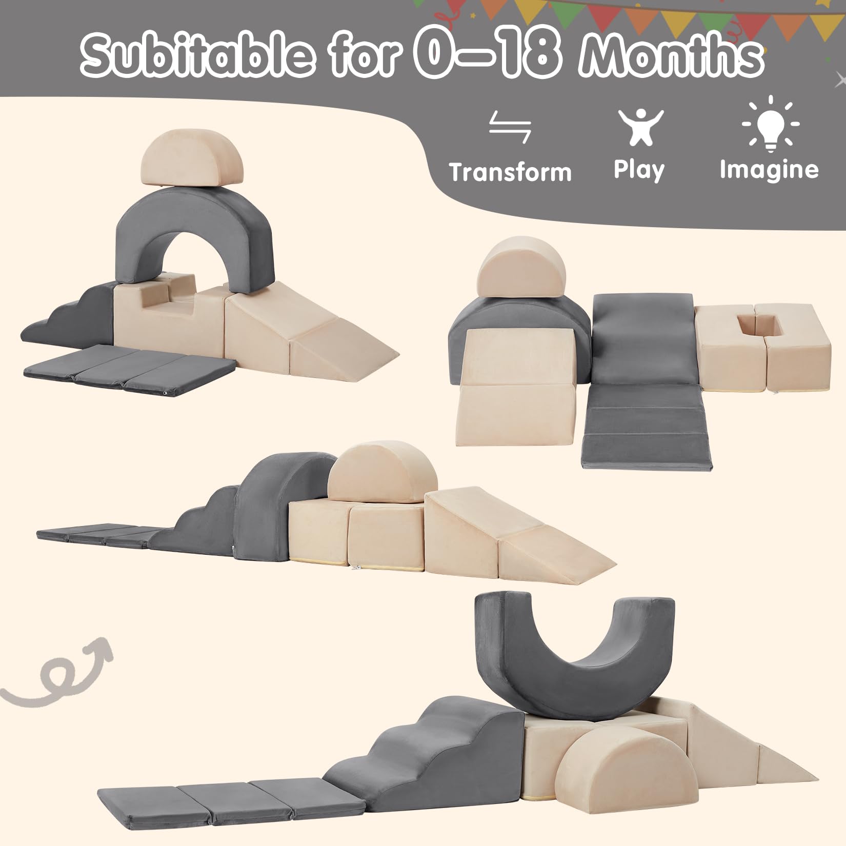 Garvee Juego educativo de 7 bloques de espuma para escalar y gatear - Incluye rampa extendida, túnel y tobogán - Funda de terciopelo lavable, base antideslizante - Ideal para bebés y niños pequeños en