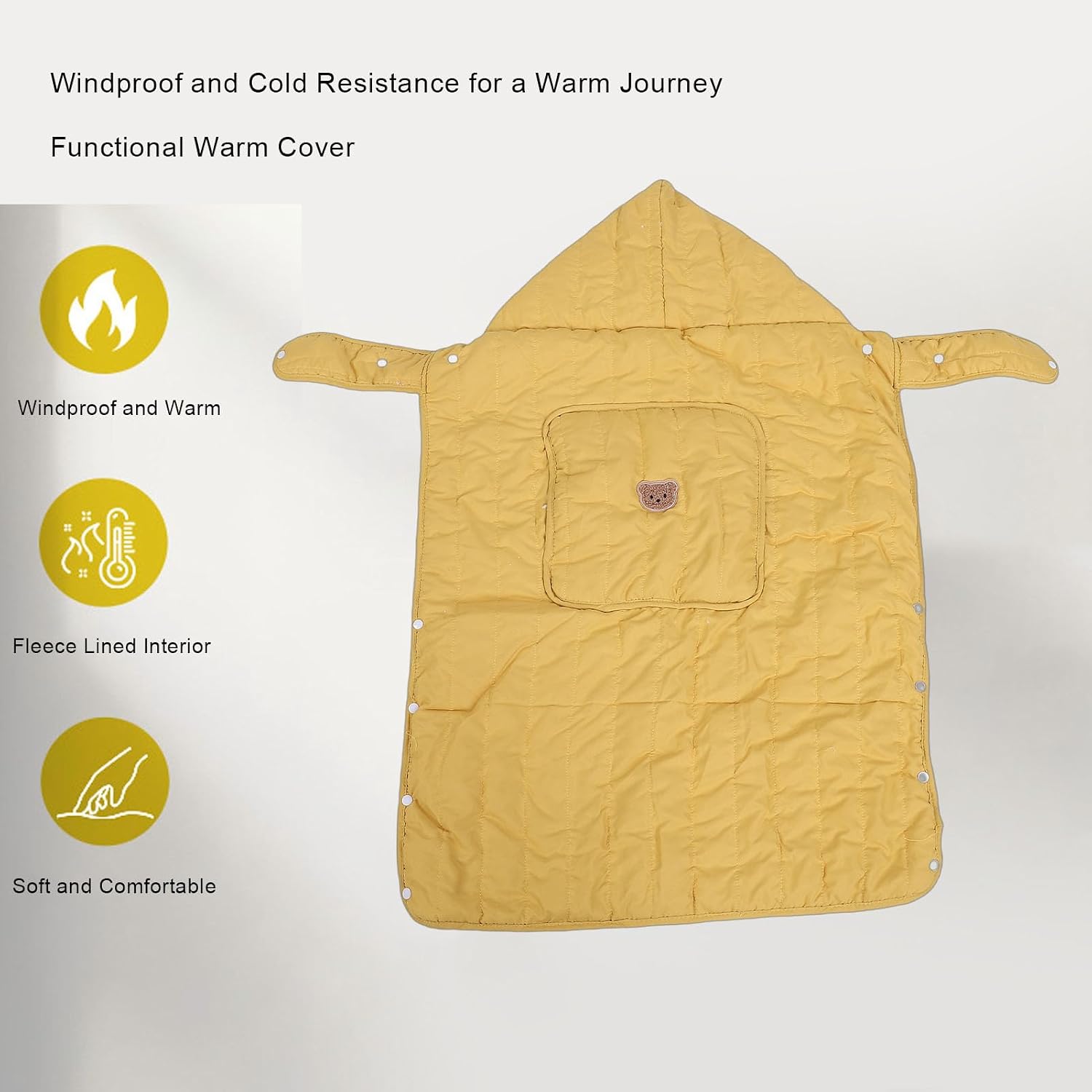 ciciglow Baby Carrier Cover, Windproof Bunting Bag with Soft Plush Lining, Infant Blanket with Multipurpose Pockets for Car Seats and Strollers, Suitable for All Seasons (Yellow with Bear Pattern)