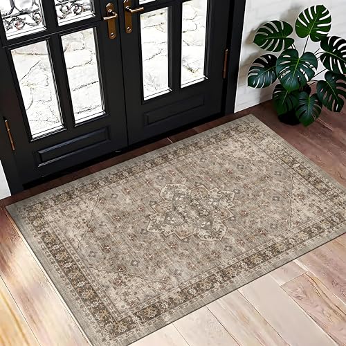 Winslssol Washable Entryway 2x3 Runner Rug: Non-Slip Backing Rugs for Kitchen Bathroom Vintage Easy to Clean Stain Resistant Carpet for Bedroom Soft Low Pile Front Door Mat for Living Room 2x3 Brown — view 3