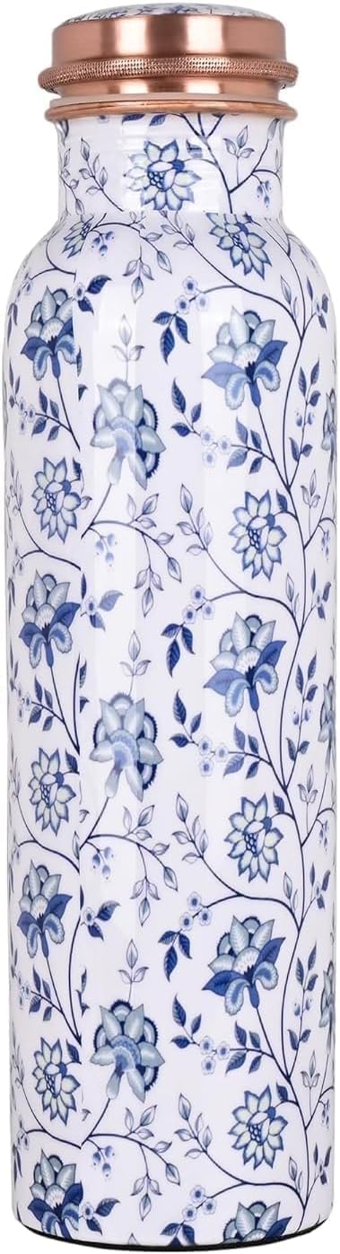 Eco-Friendly Copper Water Bottle (33 Oz, White) – Traditional Meenakari Art Floral Design Leak Proof & Rust Resistant Water Bottle for Gift