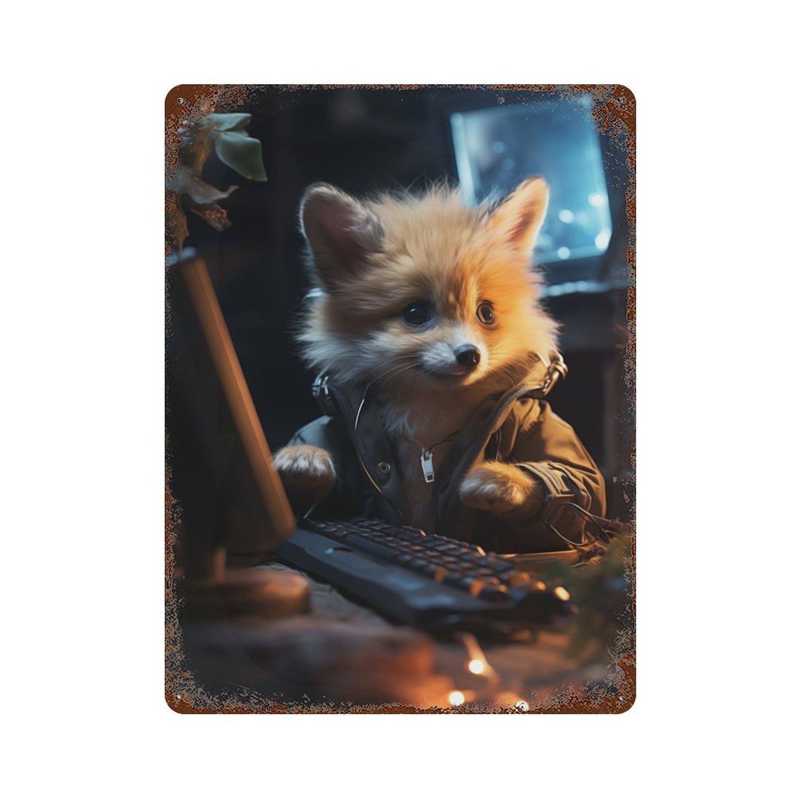 Gamer Fox Aged Metal Wall Plaque 15.7"x11.8", Ideal for Garage, Bar And Workshop Decor