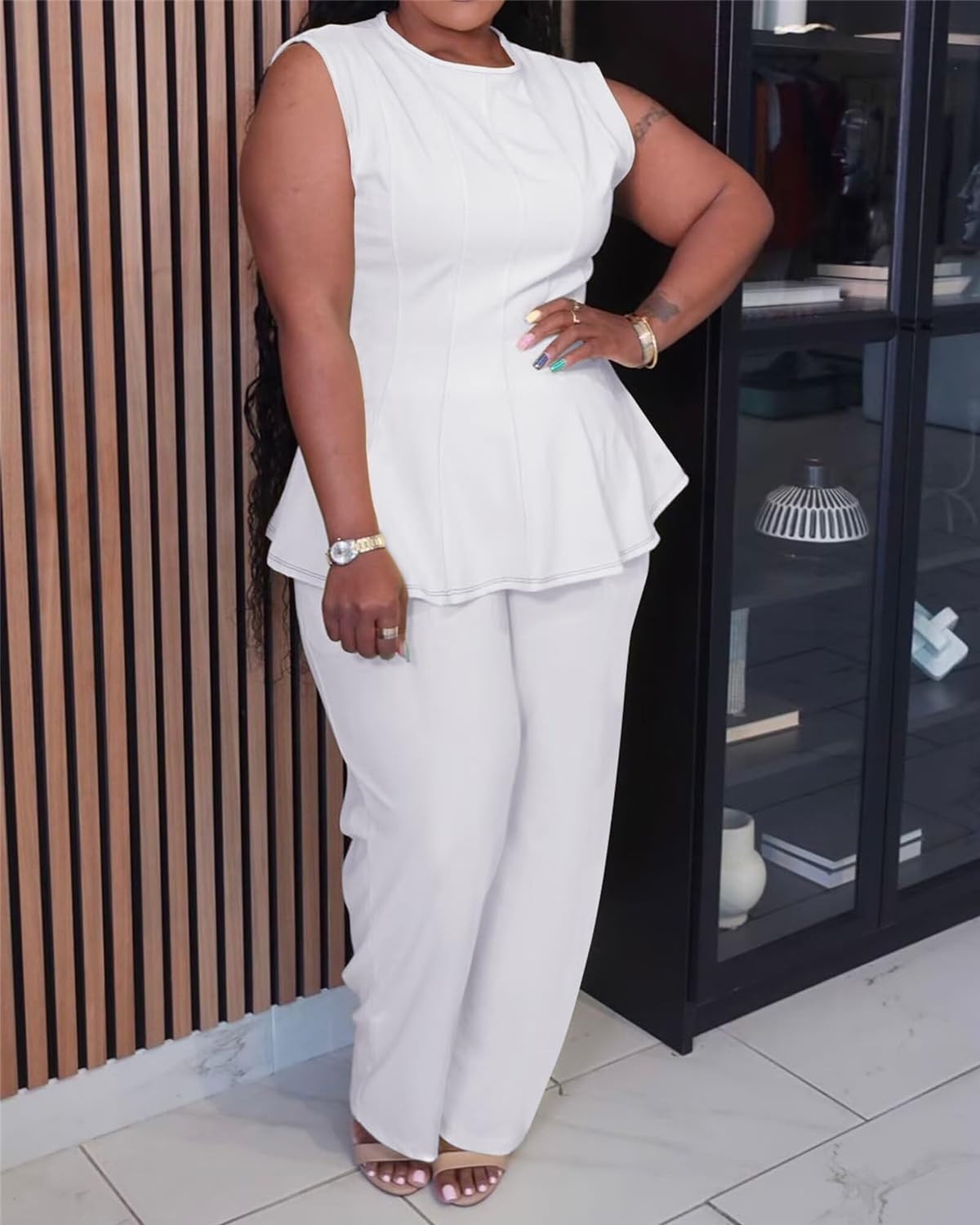 Plus Size Casual Women 2 Piece Outfits Sets Summer Sleeveless Peplum Tops Wide Leg Pant Suits Matching Sets