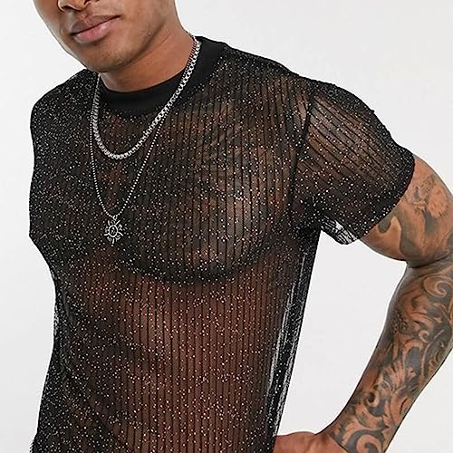 Evankin Mens Sexy Glitter Shirt Top See Through Lace Short Sleeve T-Shirt Sheer Mesh Undershirts to Show Muscle2