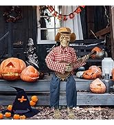 39" Animated Banjo-Playing Skeleton Scarecrow - Motion-Activated Fall/Halloween Decor With Glowing Eyes