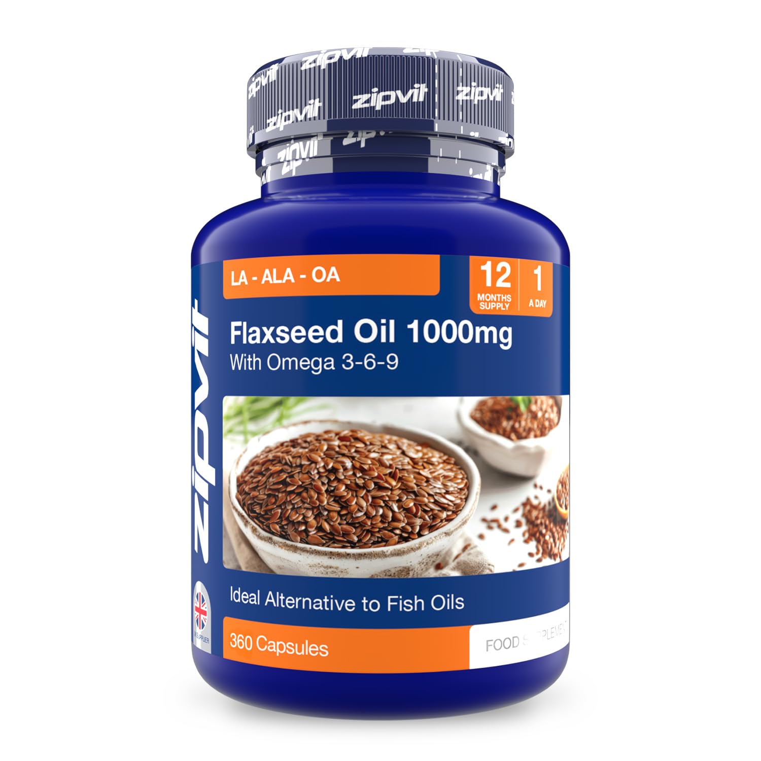 Zipvit Flaxseed Oil Capsules 1000mg Per Capsule, 360 Softgels, High Strength Alpha Linolenic Acid, Fish Oil Alternative, up to 12 Months Supply.