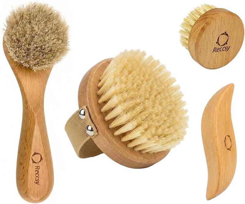Reccsy Conjunto com 4 Escovas para Banho e Corpo com Gua Sha de Madeira