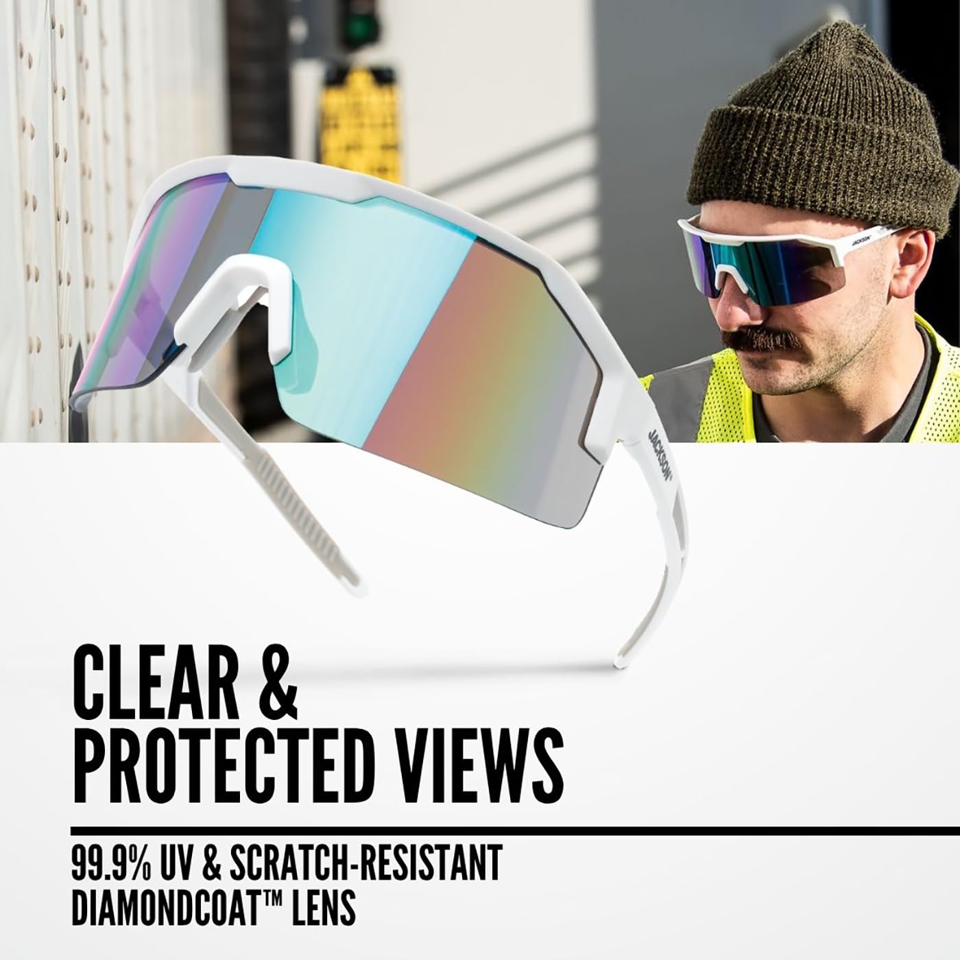 Jackson Safety Maxview+ Ballistic-Rated Safety Glasses - ANSI Z87.1 Wraparound Anti-Scratch Eye Protection for Men & Women- White Frame with Green Mirror Lens - Pack of 1