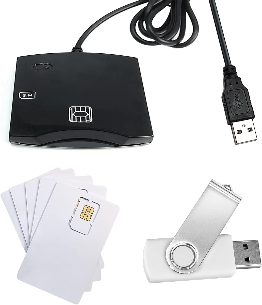 Lector y escritor de tarjetas inteligentes USB: Lector de tarjetas CAC para Win, OS y Linux - Programador y escritor de lectores de chips EMV - Tarjeta LTE USIM 4G programable en blanco de 5 piezas y software de personalización SIM