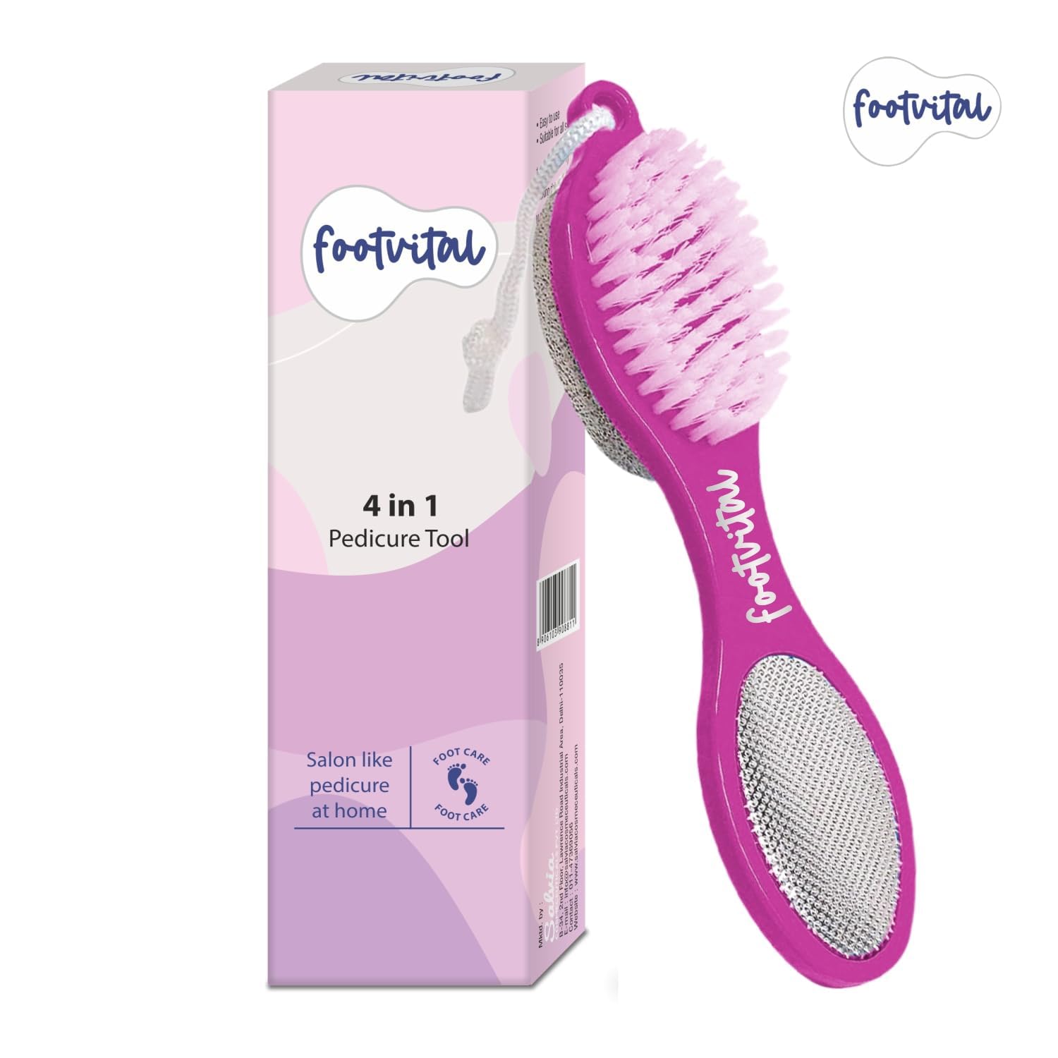 Footvital 4 in 1 Pedicure Tool for Rough & Dry Feet Dual-Sided with Pumice Stone Soft Brush Steel Scrubber & Emery File Softens Hard Foot Corns & Calluses (Pink) - Image 2 thumbnail