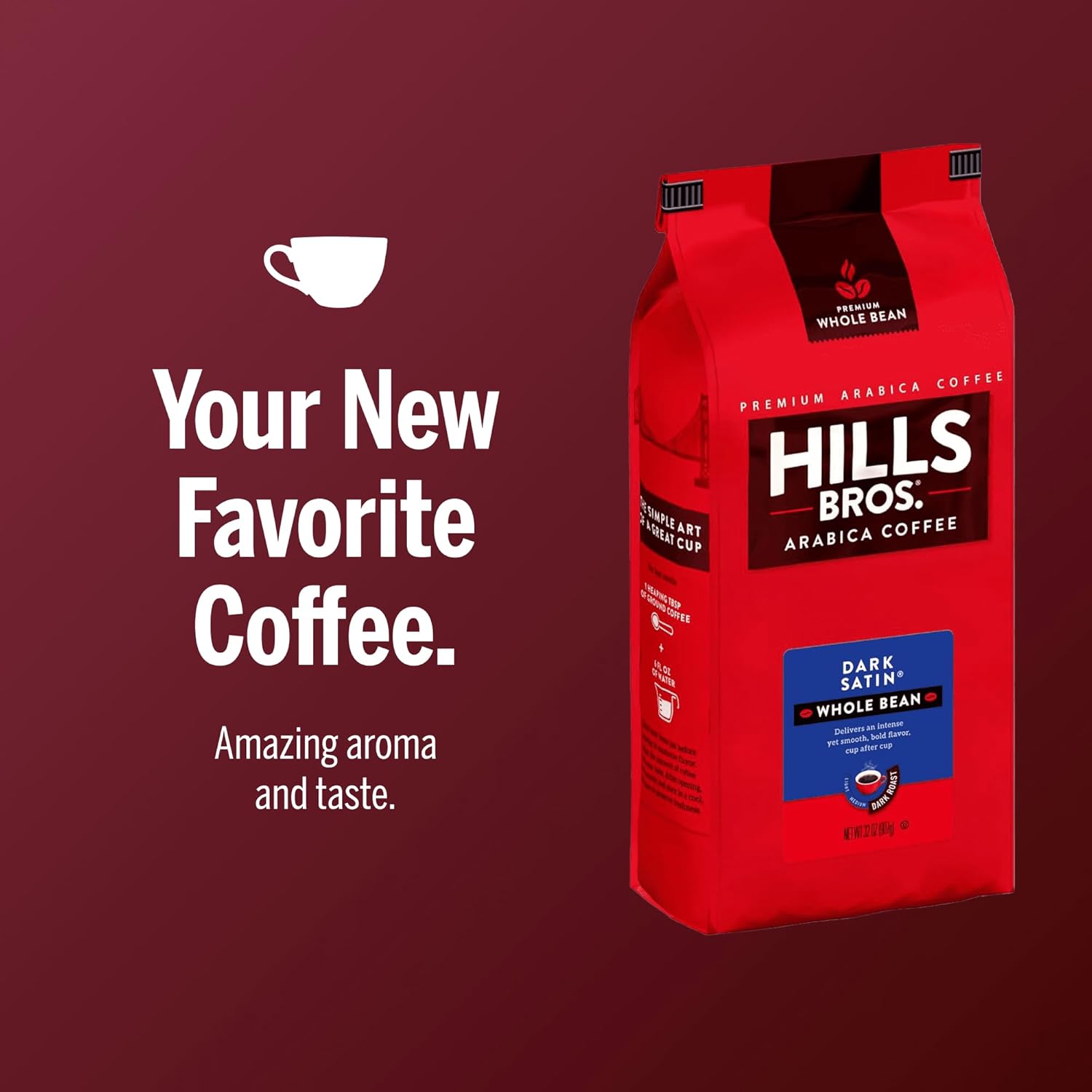 Hills Bros. Dark Satin Whole Bean Coffee – Rich and Bold Premium Arabica Coffee Beans – Orthodox Union Kosher – Dark Roast, Fresh Grind for Best Aroma & Taste – Dark Satin, 1 Pack of 32oz