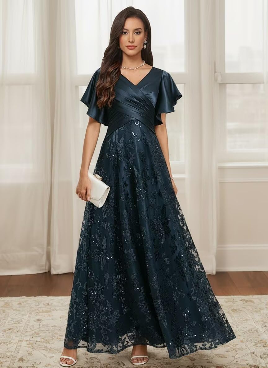 Sequin Mother of The Groom Dress for Wedding V Neck Long Grandmother of The Bride Dresses with Short Sleeve - Image 3