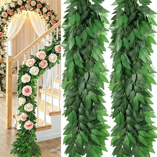 GLOMAXLY 2 Pack 6.5Ft Artificial Greenery Garland, Faux Italian Ruscus Vine with Lush Green Leaves Twigs Willows Garland for Wedding Table Centerpieces Mantel Stair Railing Indoor Outdoor Decor