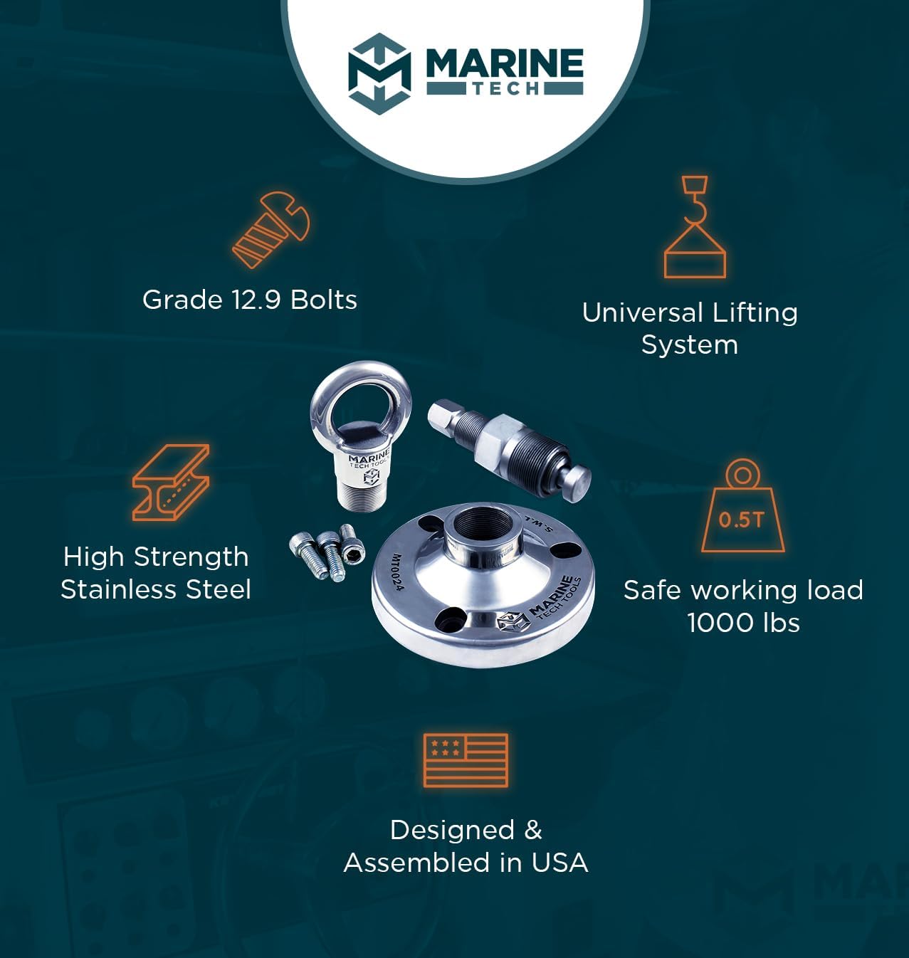Marine Tech Tools Outboard Lifting Kit, Universal Lifting Ring (AMT0022), Lifting Adapter for Mercury (AMT0024), Flywheel Puller for Mercury (AMT0023)