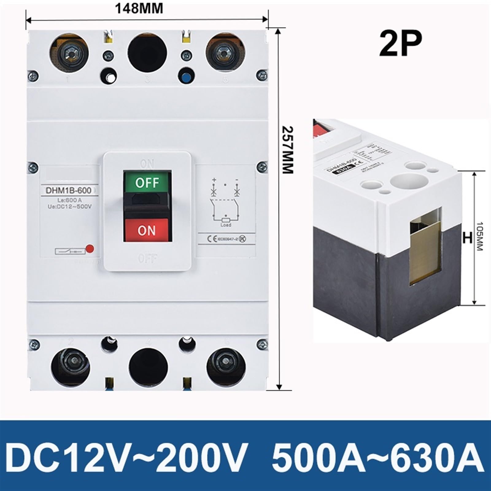 Disjoncteur à boîtier moulé, DC 12V 24V 48V 72V MCCB 250A, Batterie 100A 200A 300A 400A 600A, Protecteur de Pile de Charge de Voiture(2P,350A)