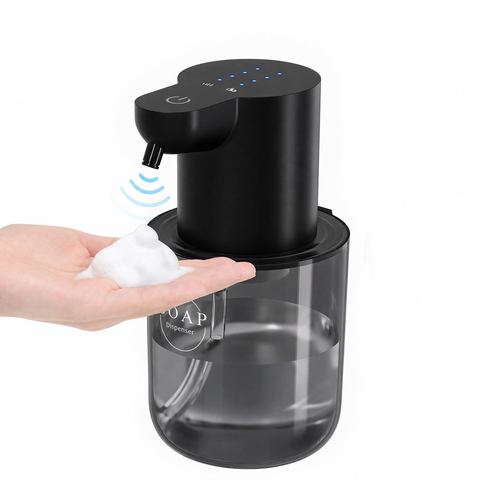 Automatyczny, wodoodporny dozownik mydła o pojemności 400 ml, elektryczny z czujnikiem, do montażu na ścianie, automatyczny, 4-stopniowa regulacja objętości płynu, kolor czarny, łazienki, kuchni