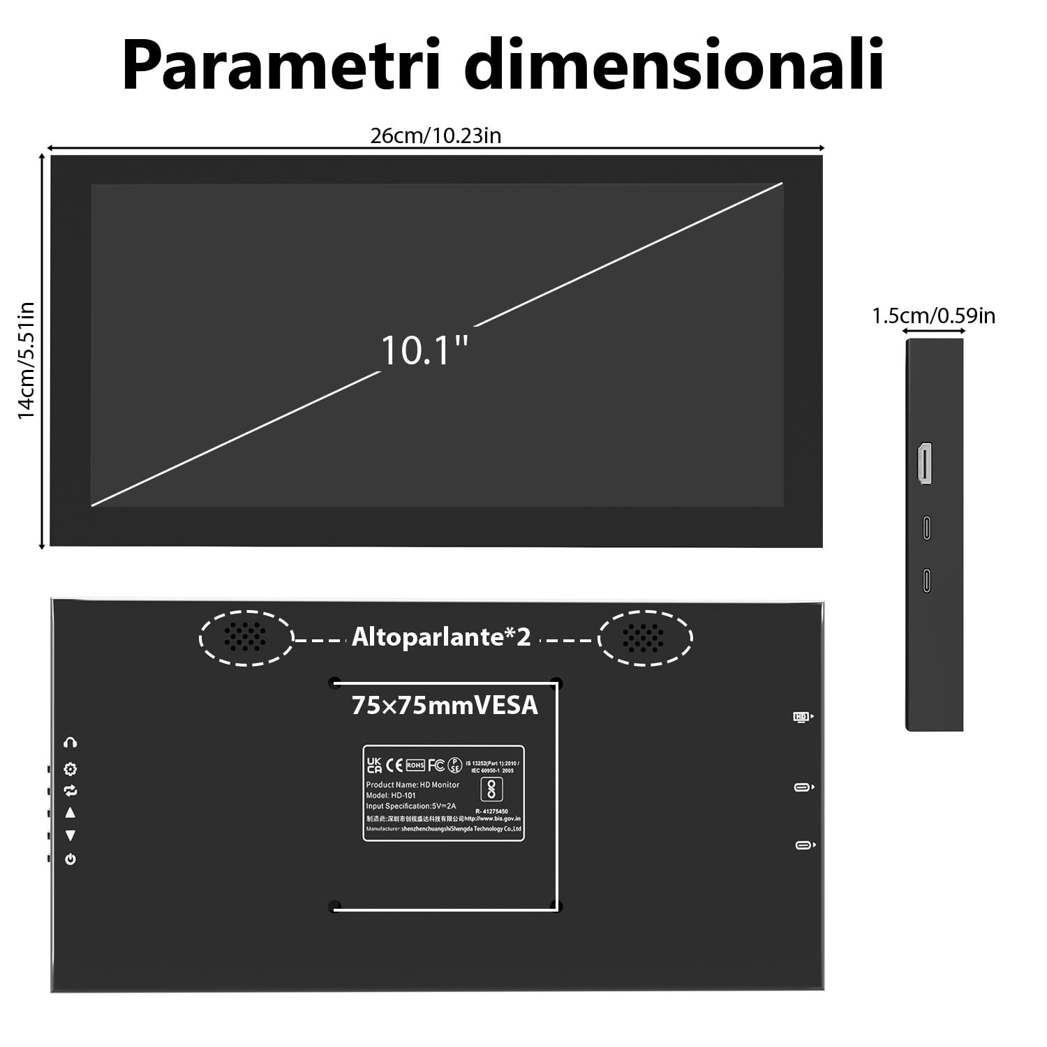 10,1 Pollici Mini Monitor Portatile, 350 cd/m², IPS Display Screen | Formato Stretched-bar, 1540 × 720, HDMI & USB-C, Schermo per Laptop, Windows Aida64, Monitoraggio GPU, CPU, RAM