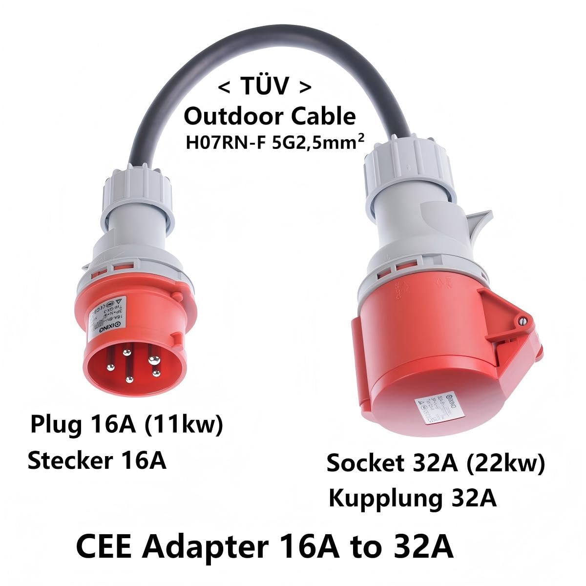 Adaptateur CEE fiche 16A vers prise 32A avec couvercle de protection, triphasé, 5 broches, IP44 protégé contre l'eau et la poussière, portable, adapté à un usage industriel et domestique (16-32)