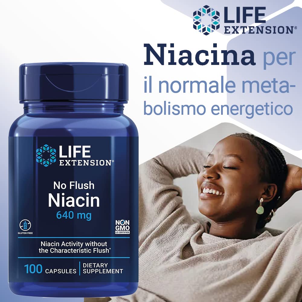 Life Extension, No-Flush Niacin (Vitamina B3 senza Sciacquo), Altamente Dosato, 100 Capsule, Testate in Laboratorio, Senza Glutine, Senza Soia, Non OGM