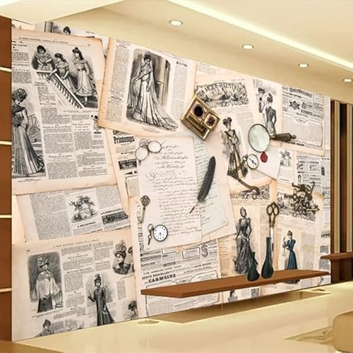 FitNshape Papel tapiz fotográfico Estilo europeo Periódico retro Mural 3D Sala de estar Dormitorio Estudio Fondo Etiqueta de la pared Papel De Parede * 150cmx105cm(59.1x41.3inch)