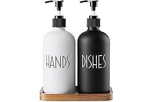 ALELION 16 OZ Glass Kitchen Decor Set: Soap Dispenser, Wood Tray, Modern Farmhouse Style