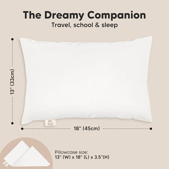 Toddler Pillow with Pillowcase, 13x18 My Little Dreamy Pillow (Soft White) | Kids Travel Bed Pillow for Sleep, Organic Cotton Small Pillowcase, Soft, Breathable, Machine Washable, Toddlers 2-5 years old