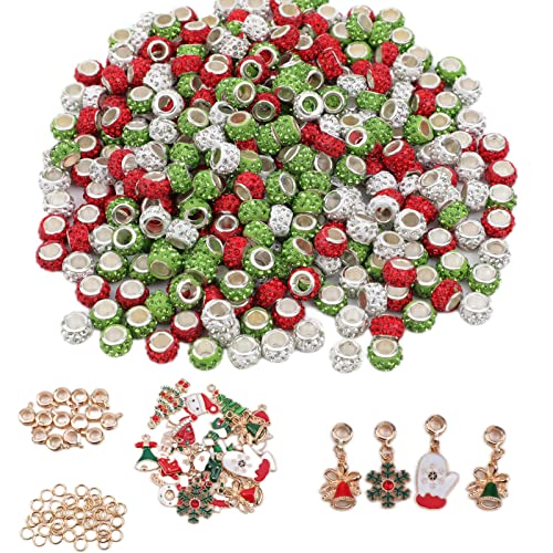 200 Pieces Christmas Large Hole Beads Kit Included 180 Rhinestone European Beads And 20 Cute Christmas Pendants For Christmas Diy Bracelet Jewelry Making (Red Green White) #TOP12
