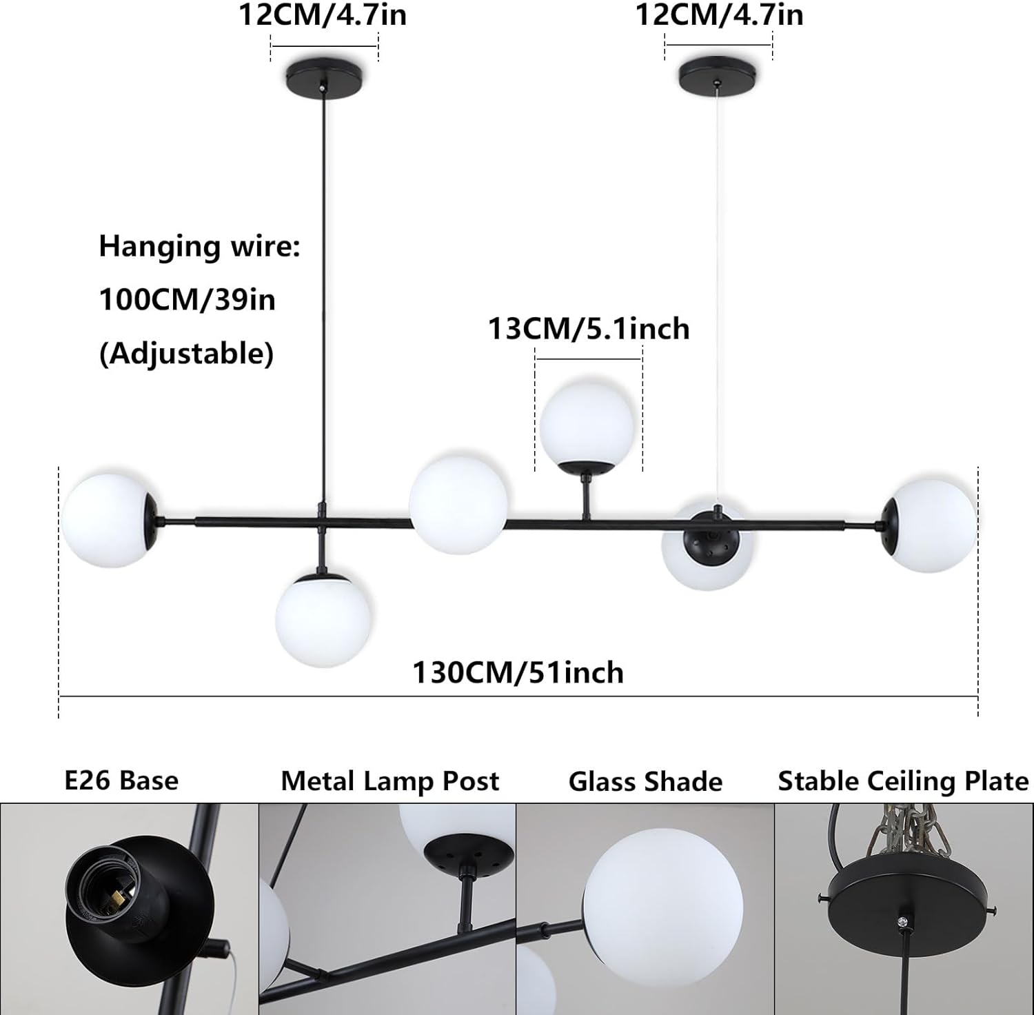 Mid-Century Modern Chandelier 6-Light Black Linear Pendant Light with Globe Glass Shades, Adjustable Height for Dining Room, Kitchen Island, Living Room